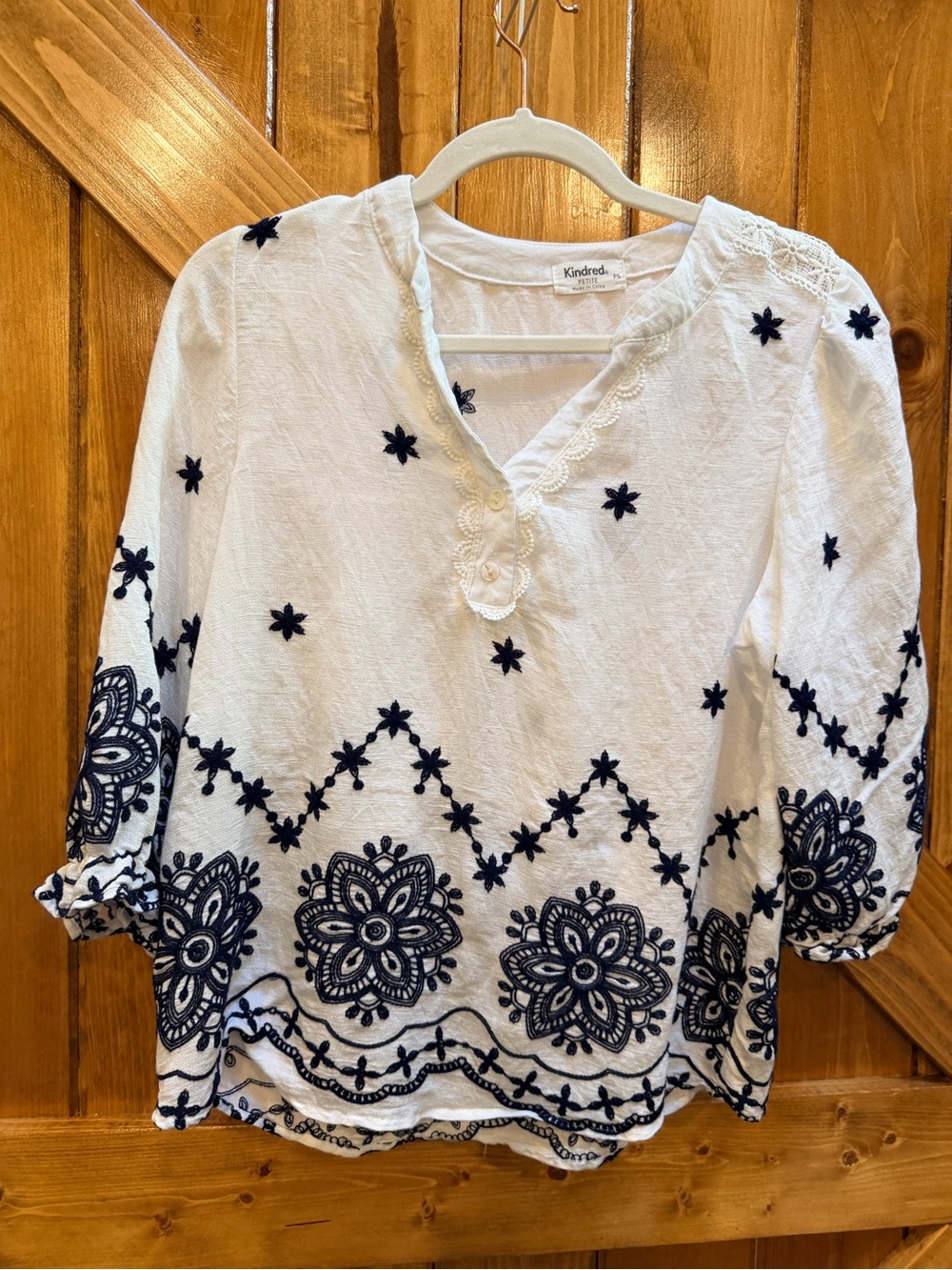 White Embroidered Peasant Top with Navy Accents